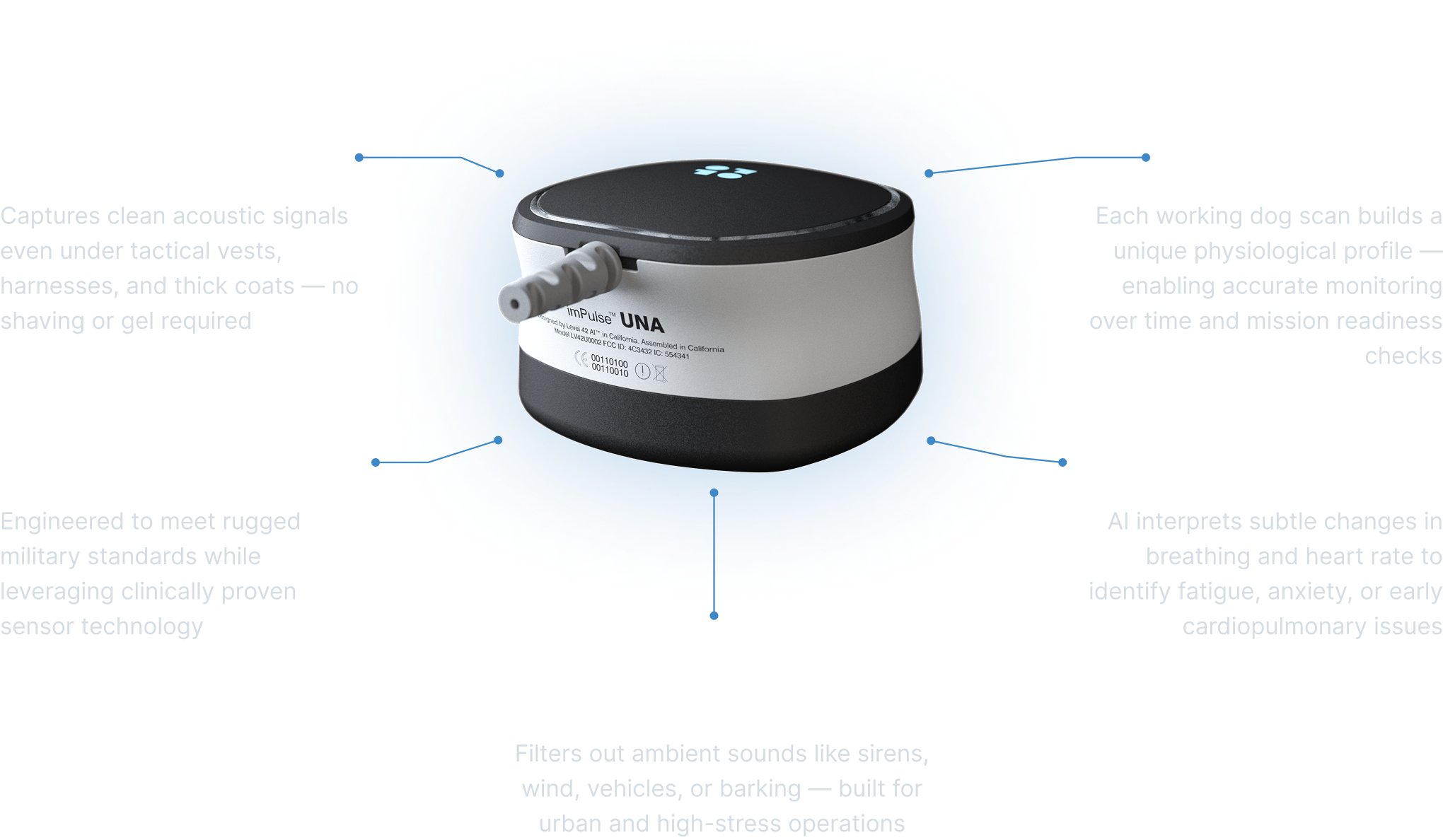 imPulse® UNA Vibrome™ biosignature system for non-invasive K9 health screening detecting early physiological changes in working dogs before symptoms appear