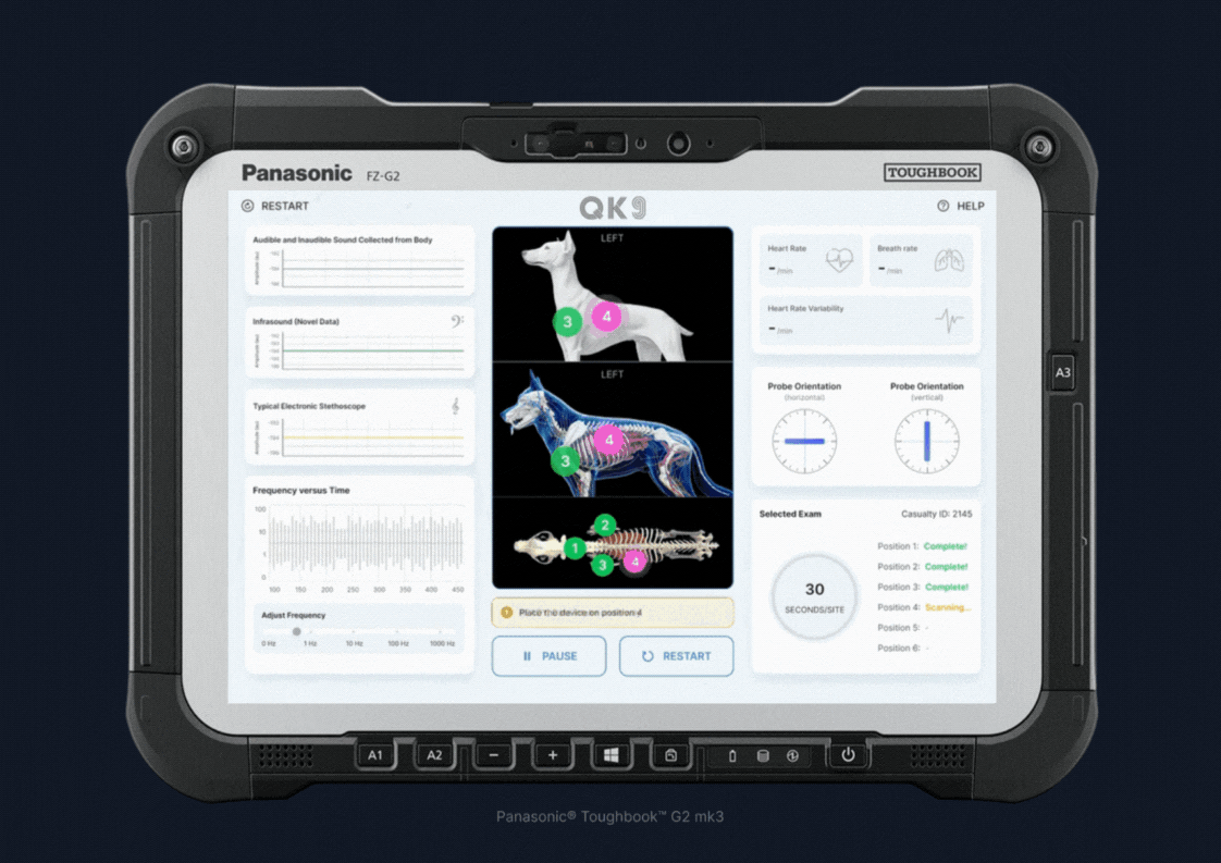 imPulse® Vibrome™ biosensor scanning working dog in real time for heartbeat breath rate and gut movement biosignatures