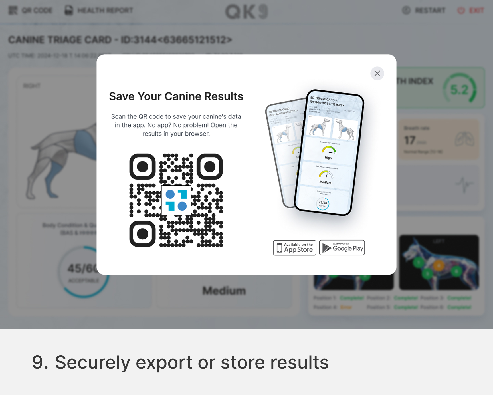 quantum-k9-vibrome-export-store-canine-health-results-mobile Quantum K9™ screen for securely saving, exporting or opening canine Vibrome™ health results using a QR code or mobile app
