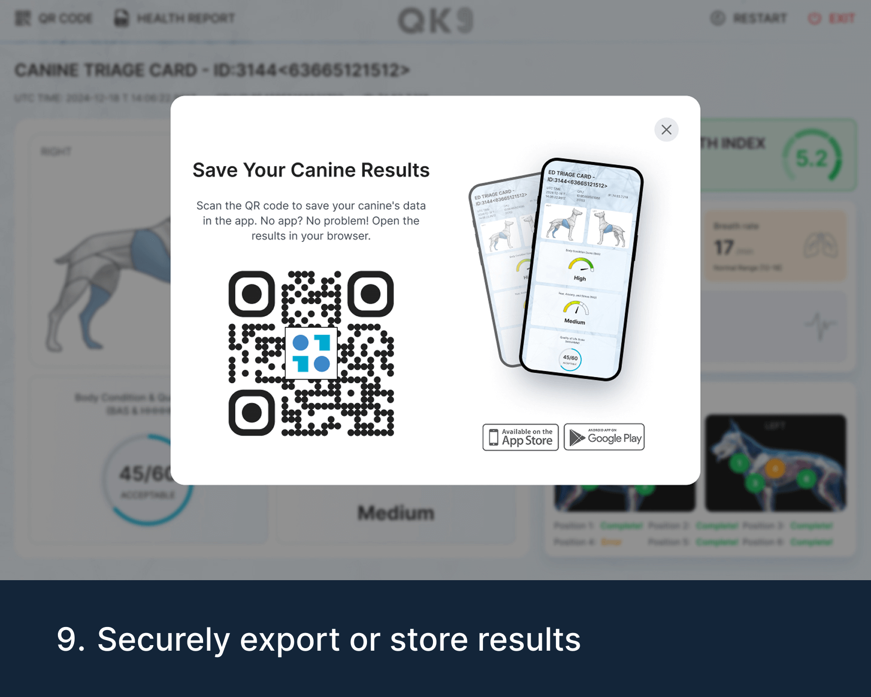 Quantum K9™ screen for securely saving, exporting or opening K9 Vibrome™ health results using a QR code or mobile app