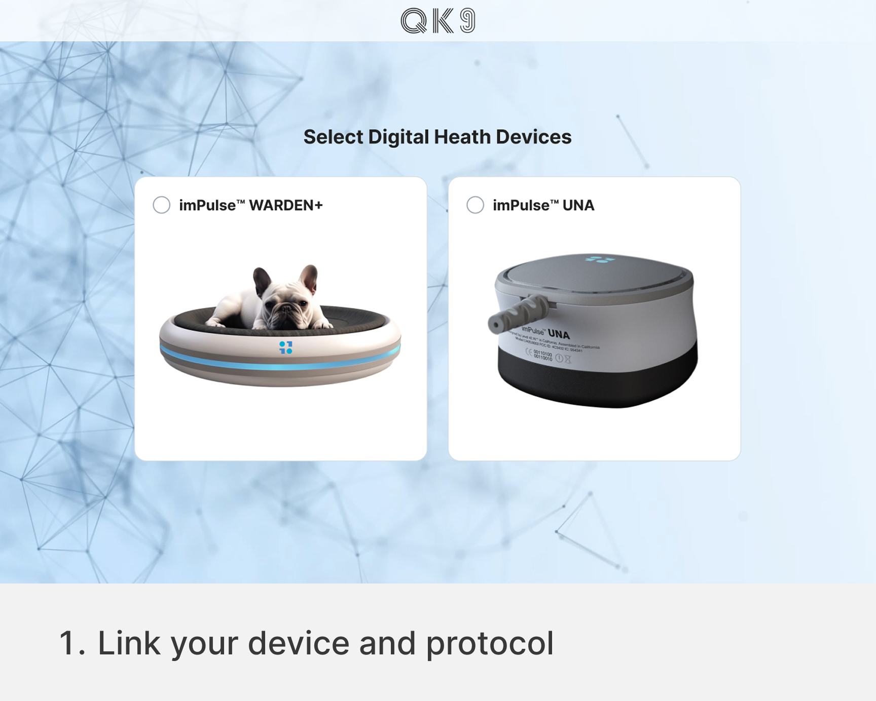 quantum-k9-vibrome-link-device-protocol-working-dog-mobile Quantum K9™ interface for selecting imPulse™ WARDEN+ or UNA digital health devices for a working dog Vibrome™ assessment