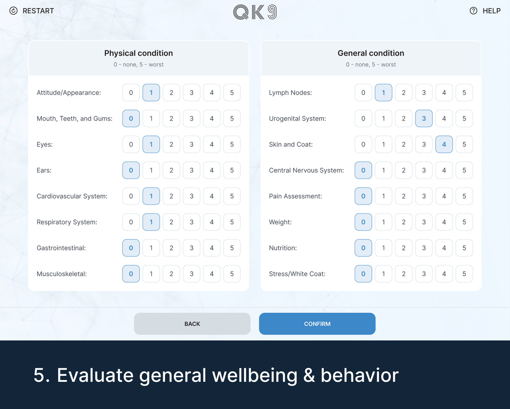 Quantum K9™ physical and general condition assessment covering cardiovascular, respiratory, musculoskeletal and other health systems