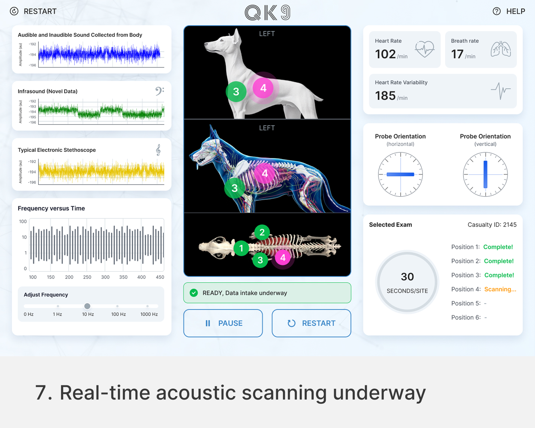 quantum-k9-vibrome-realtime-acoustic-biosignature-scan-mobile Quantum K9™ real-time Vibrome™ acoustic biosignature scan showing K9 probe positions, sound signals, heart rate and breathing data
