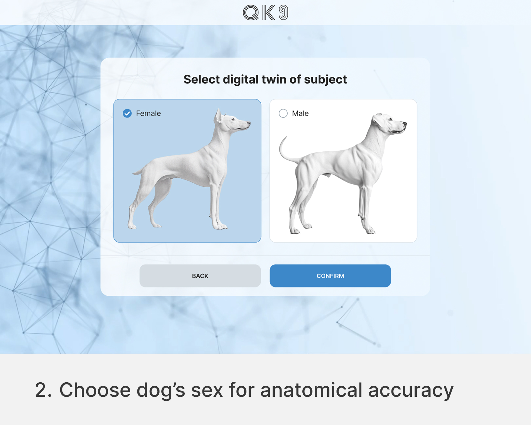 quantum-k9-vibrome-select-dog-sex-digital-twin-mobile Quantum K9™ screen for selecting a male or female K9 digital twin for anatomically accurate Vibrome™ assessment