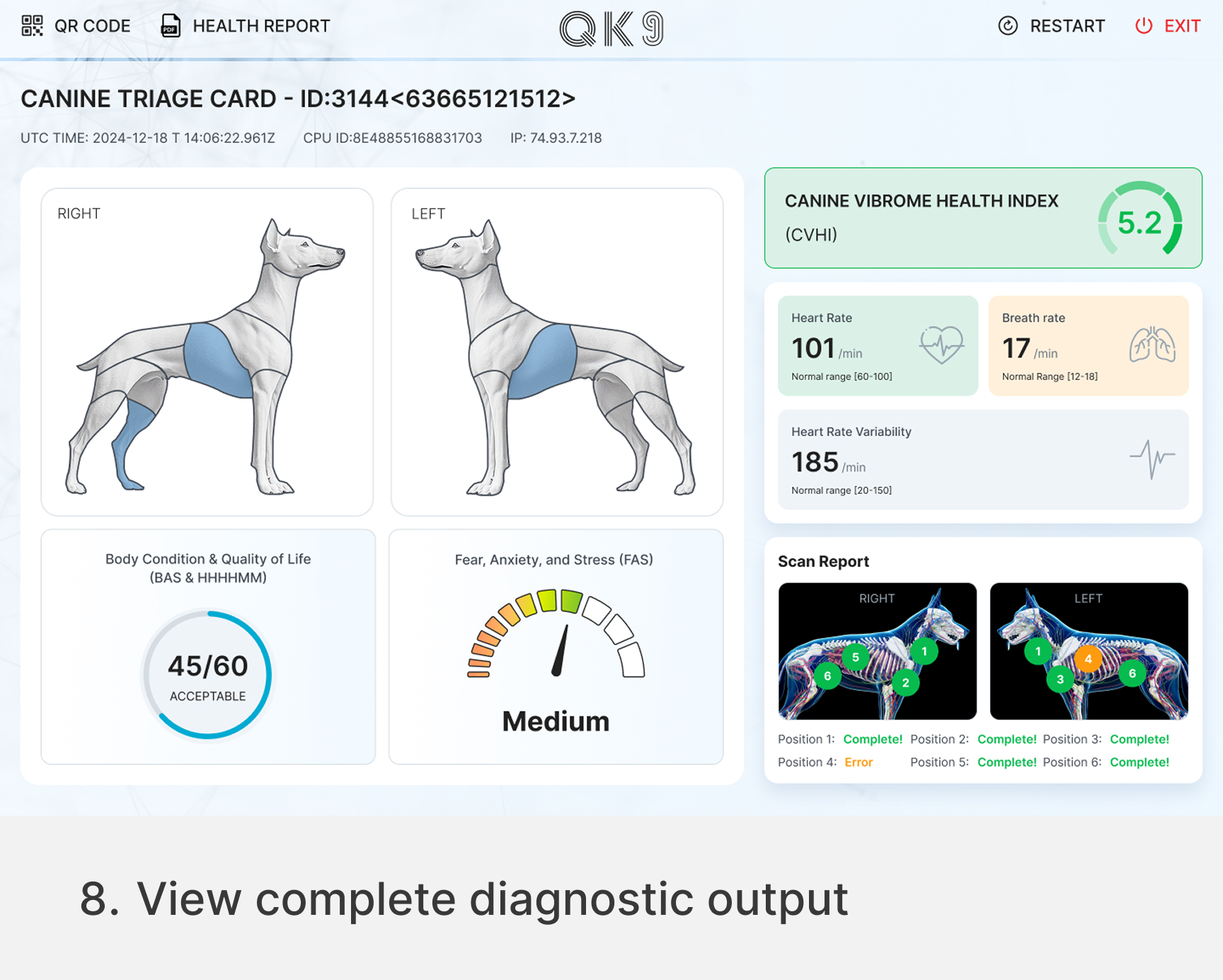 quantum-k9-vibrome-working-dog-diagnostic-health-output-mobile Quantum K9™ diagnostic report showing Vibrome™ health index, heart rate, breathing rate, body condition and scan results
