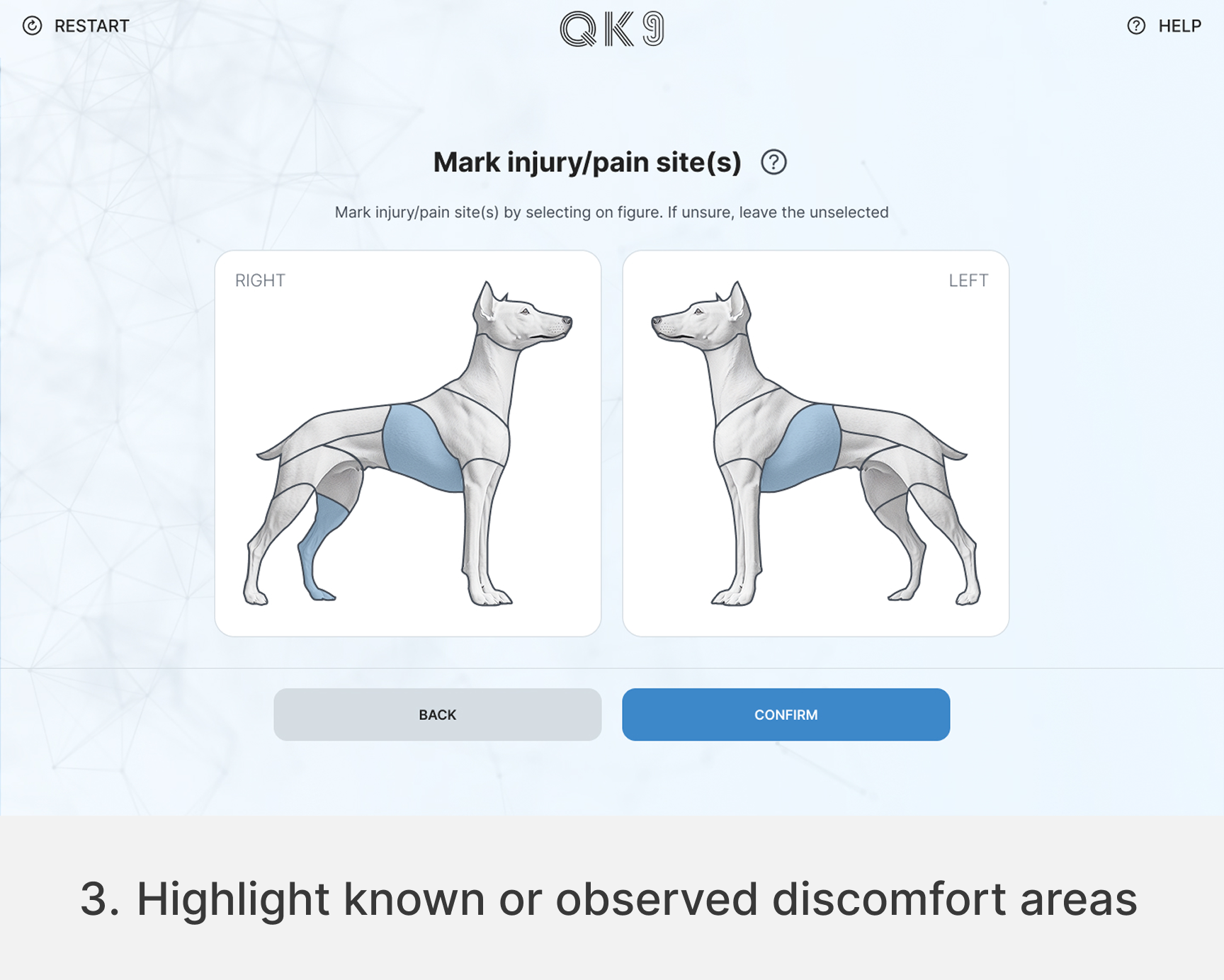 quantum-k9-vibrome-working-dog-injury-pain-site-assessment-mobile Quantum K9™ body diagram for marking known or observed injury and pain locations before Vibrome™ scanning