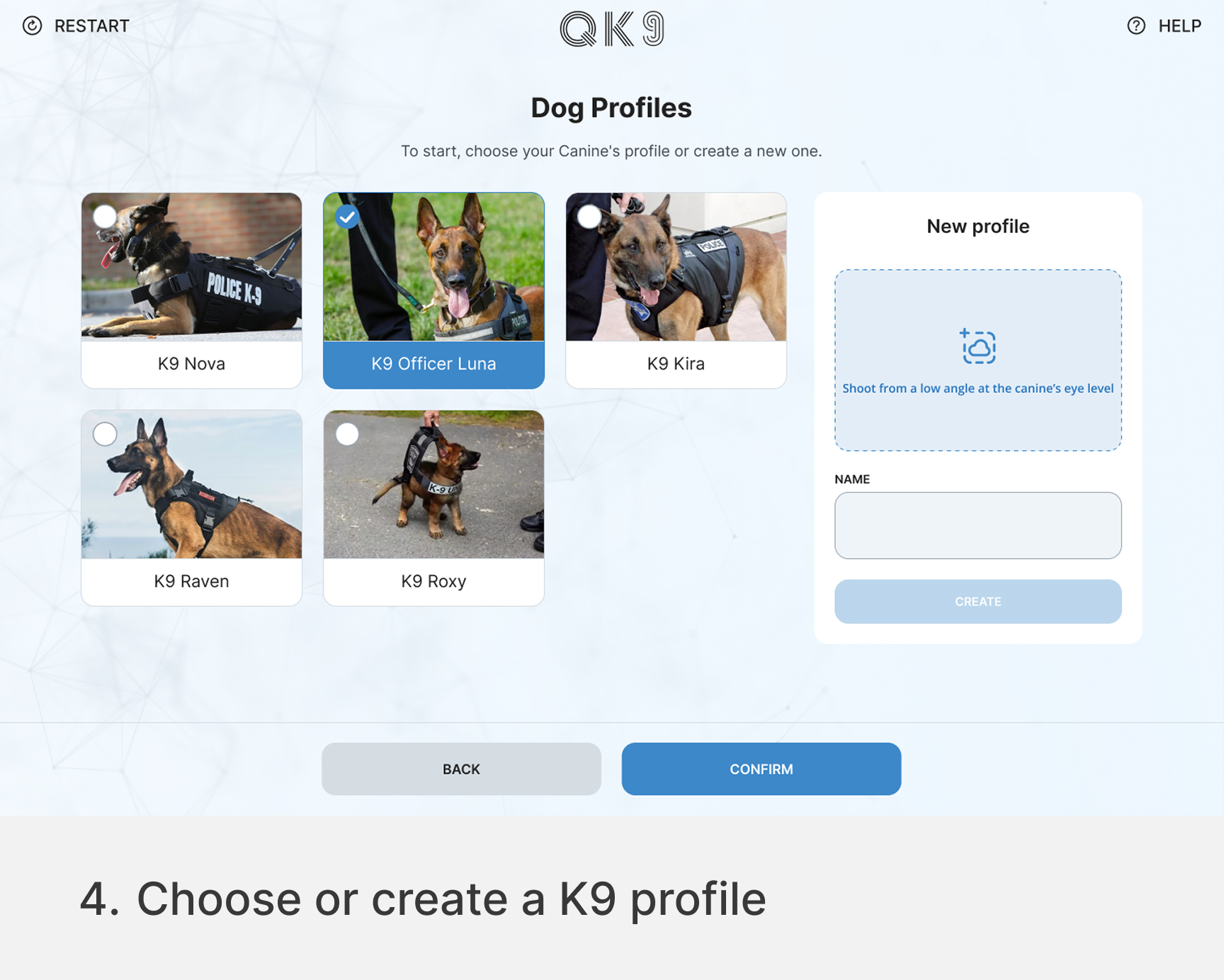 quantum-k9-vibrome-working-dog-profile-selection-mobile Quantum K9™ working dog profile selection screen for choosing an existing K9 or creating a new K9 profile