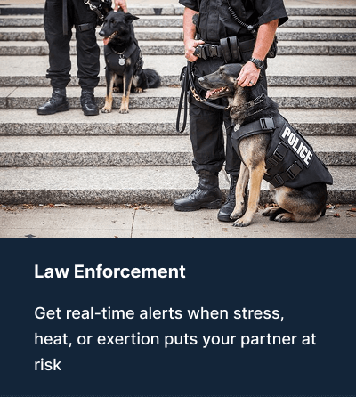 Law enforcement K9 team with Vibrome™ real-time biosignature alert for heat stress and fatigue during active patrol